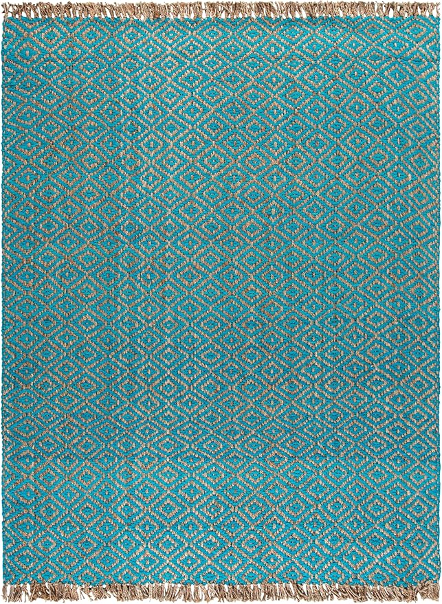 SAFAVIEH Area Rug 8x10 - Natural Fiber Collection - Large - Turquoise & Natural, Handmade Jute, Boho Style, Diamond Pattern, Ideal for Living Room, Bedroom, Dining Space (NF266C)