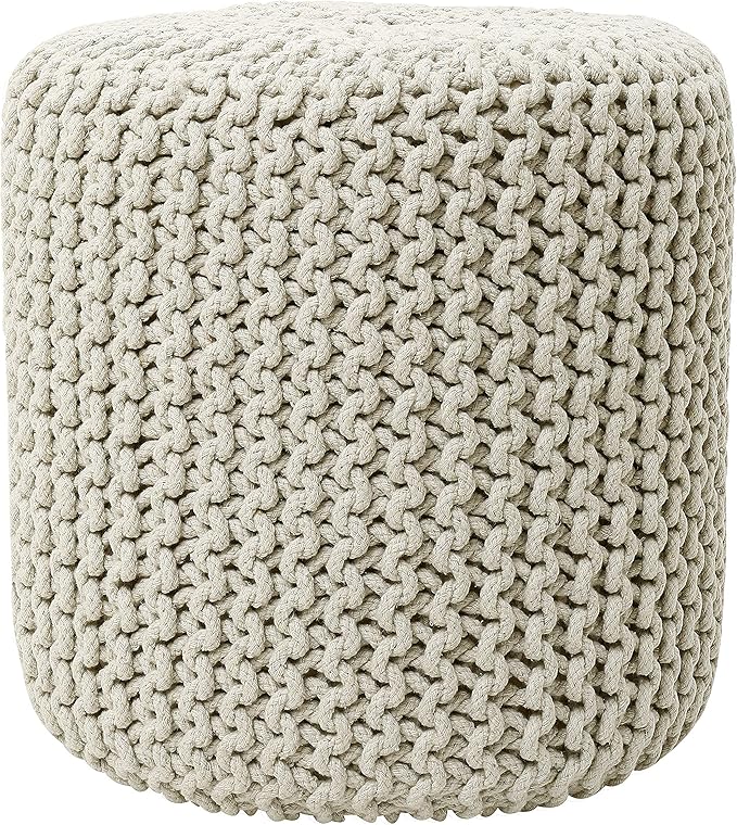 REDEARTH · Cylindrical Hand Knitted Pouf - Foot Stool Ottoman - Cord Boho Pouffe - Cotton Round Poof for Home Decor - Living Room - Nursery - Bedroom - Patio (16" x 16" x 16") - Ivory