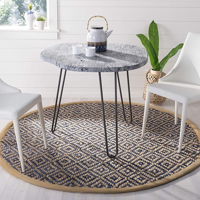 SAFAVIEH Natural Fiber Collection 6' Round Tropical Blue NF266D Handmade Boho Diamond Tassel Jute Area Rug