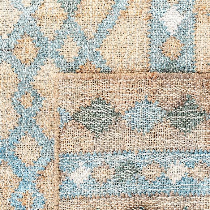 SAFAVIEH Kilim Collection Area Rug - 9' x 12', Natural & Blue, Flat Weave Jute Design, Ideal for High Traffic Areas in Living Room, Bedroom (KLM759M)