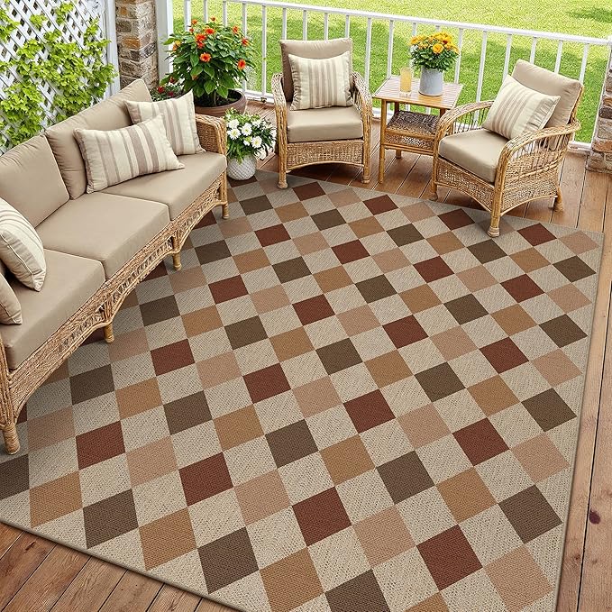 8x10 Checkered Easy Jute Area Rug for Living Room Large Checkerboard Washable Indoor Outdoor Carpet Farmhouse Patio Office Mat Geometric Non Slip Brown-Beige Carpet for Backyard Dining Room