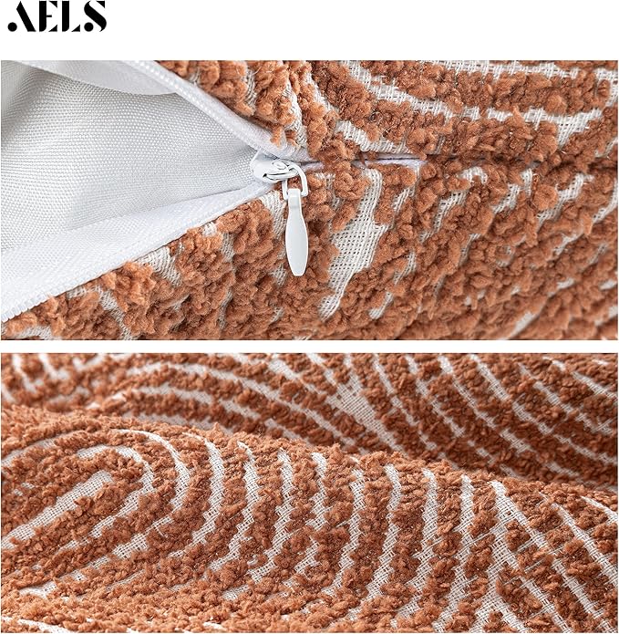 AELS Boho Decorative Textured Throw Pillow Covers 20x20, Organic Modern Mid Century Rainbow Tufted Pillow Case, Farmhouse Rustic Geometric Woven Cushion Case for Bed Couch Sofa, Burnt Orange