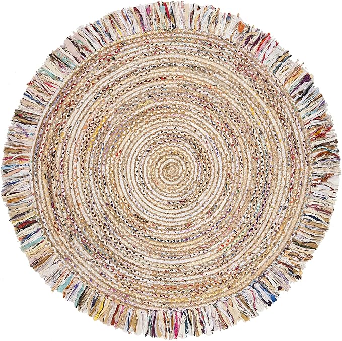 SAFAVIEH Cape Cod Collection Area Rug - 7' Round, Ivory & Light Beige, Handmade Boho Fringe Jute & Cotton, Ideal for High Traffic Areas in Living Room, Bedroom (CAP206B)
