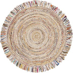 SAFAVIEH Cape Cod Collection Area Rug - 7' Round, Ivory & Light Beige, Handmade Boho Fringe Jute & Cotton, Ideal for High Traffic Areas in Living Room, Bedroom (CAP206B)