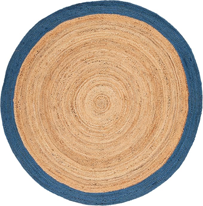 SAFAVIEH Natural Fiber Collection 6' Round Natural/Blue NFB852M Handmade Flatweave Boho Farmhouse Rustic Border Jute Area Rug