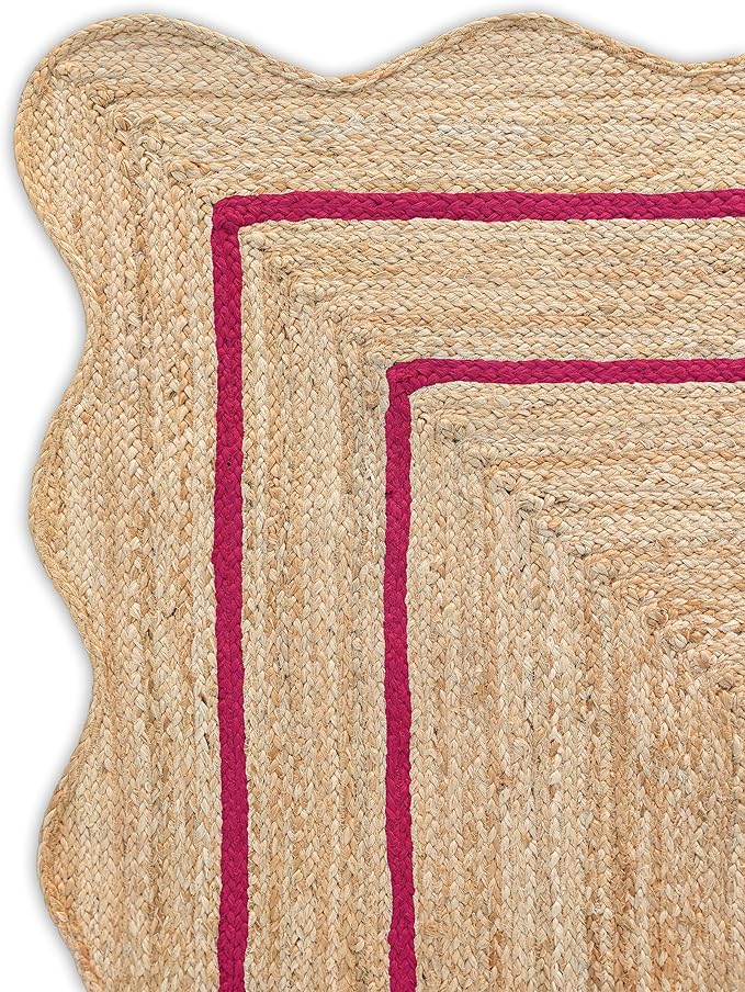 Wave Scalloped Natural Jute Runner, Dark Pink (2'6"x18'): Boho Farmhouse Entryway Scallop Rug