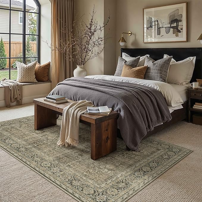 Vintage Area Rug 5x7 Light Brown Bedroom Indoor Kitchen Washable Living Room Carpet Tribal Distressed Retro Accent Throw Rug for Office Dining Room Bathroom Faux Wool