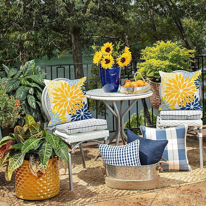DFXSZ Yellow Blue Flower Pillow Covers 18x18 Inch Set of 2 White Gray Colored Throw Pillows Outdoor Waterproof Decor for Living Room Sofa Patio Funiture Garden Floral Polyester Pillow Covers 002J18