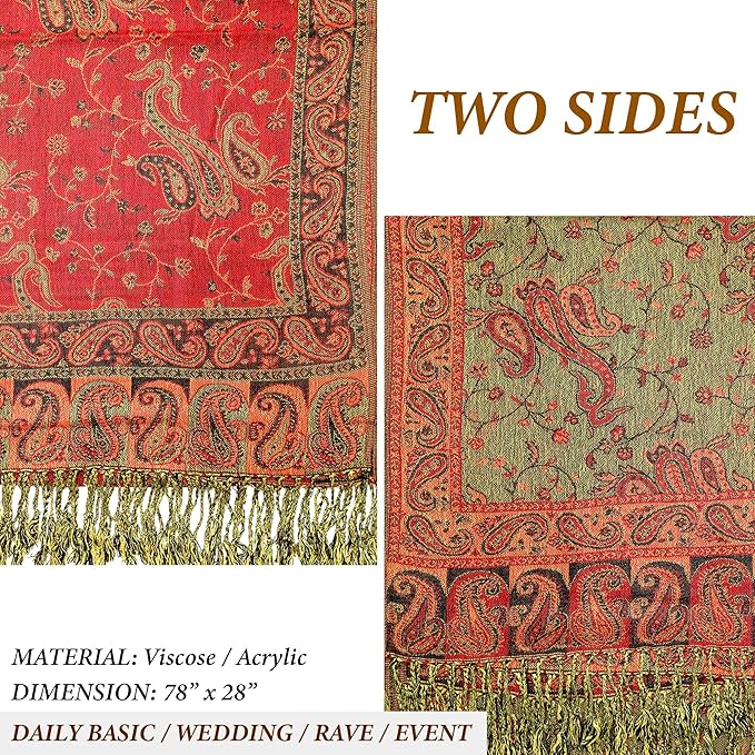 Achillea Reversible Paisley Pashmina Rave Scarf – Exotic Indian Shawls and Wraps for Evening Dresses, Festivals, All Seasons