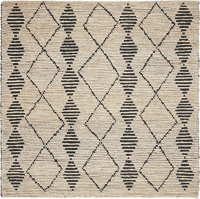 SAFAVIEH Bohemian Collection Area Rug - 6' Square, Beige & Black, Handmade Moroccan Tribal Jute, Ideal for High Traffic Areas in Living Room, Bedroom (BOH703Z)
