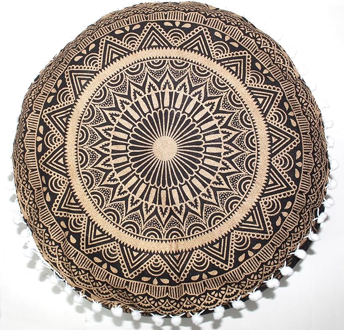 INDIAN CRAFT CASTLE ICC Black Gold Mandala Mandala Barmeri Large Floor Pillow Cover Cushion Meditation Seating Ottoman Throw Cover Hippie Decorative Zipped Bohemian Pouf Ottoman Cases 16" Round