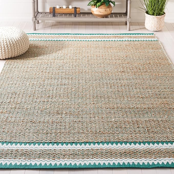 SAFAVIEH Natural Fiber Collection Accent Rug - 4' x 6', Natural & Green, Handmade Farmhouse Boho Coastal Rustic Jute, Ideal for High Traffic Areas in Entryway, Living Room, Bedroom (NF874Y)