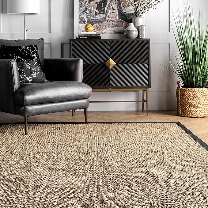 nuLOOM 2' 6" x 10' Elijah Seagrass Area Rug, Black, Solid Farmhouse Style, Cotton Bordered, Basketweave, Natural Fiber, For Bedroom, Dining Room, Living Room, Hallway, Office, Kitchen, Entryway