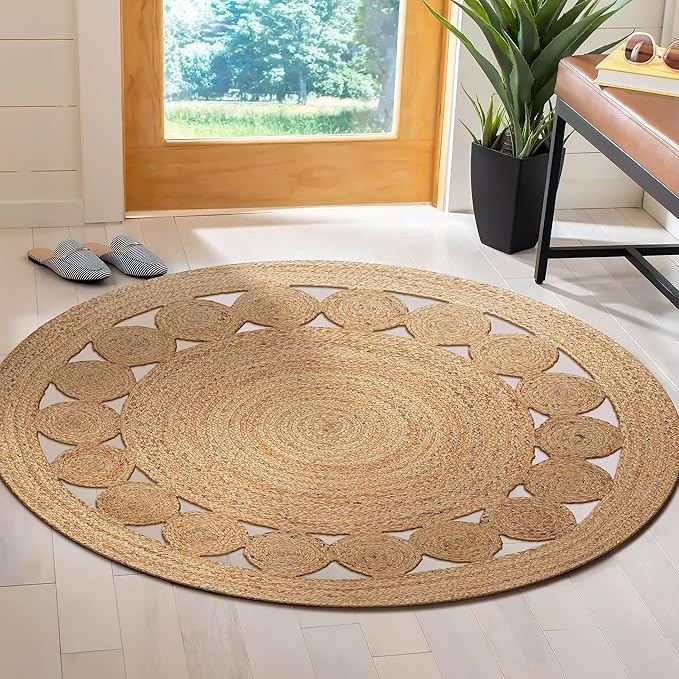 Savi Home Round Jute Area Rug Handwoven- 8 feet Round- Natural Beige - Rustic Vintage Beige Braided Reversible Rug- Eco Friendly Rugs for Farmhouse, Bedroom, Kitchen, Living Room