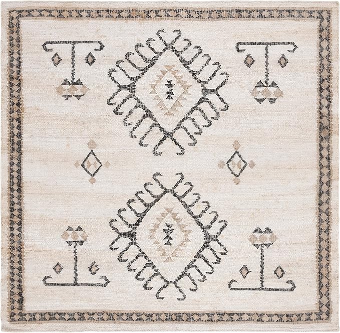 SAFAVIEH Kilim Collection Area Rug - 9' Square, Ivory & Black, Handmade Flatweave Boho Tribal Jute, Ideal for Living Room, Bedroom, Dining Room (KLM762A-9SQ)