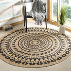 SAFAVIEH Natural Fiber Collection Area Rug - 6' Round, Black & Natural, Handmade Boho Mandala Braided Jute, Ideal for High Traffic Areas in Living Room, Bedroom (NF802K)