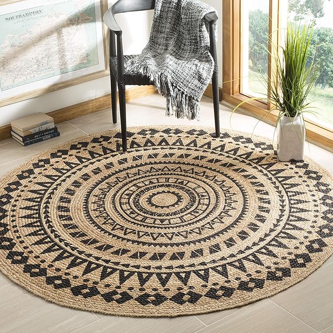 SAFAVIEH Natural Fiber Collection Area Rug - 3' Round, Black & Natural, Handmade Boho Mandala Braided Jute, Ideal for High Traffic Areas in Living Room, Bedroom (NF802K)
