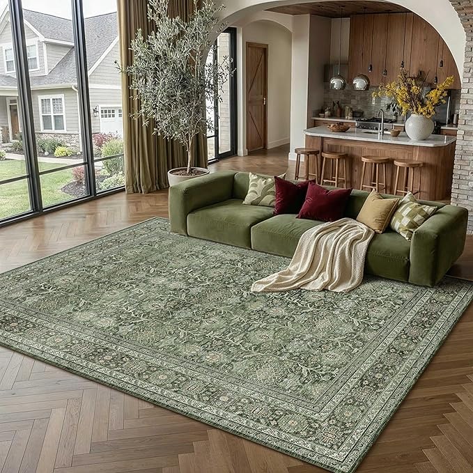 Area Rug 5x7 Green Washable Living Room Carpet Soft Non Slip Vintage Bedroom Indoor Office Traditional Retro Distressed Throw Large Rug for Dining Room Bathroom Kitchen