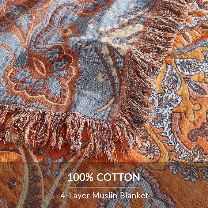 Boho Throw Blanket for Couch Sofa Bed, 100% Cotton Woven Quilt with Tassel 80”x90”, Super Soft Muslin Blanket with Floral Printed, Decorative Reversible Bed Blanket/Cover for All Seasons
