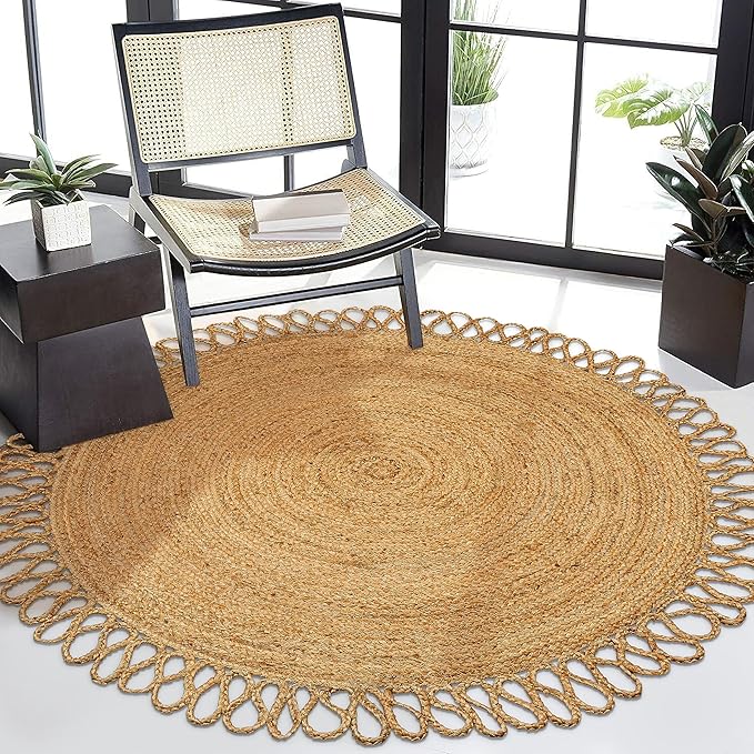Hand Woven Braided Jute Rug - 4' Round - Reversible Farmhouse Dining Room Rug, Living Room, Bedroom, Kitchen - Natural Decorative Floor Circle Boho Entry Area Rugs - 4 Foot Round Rug
