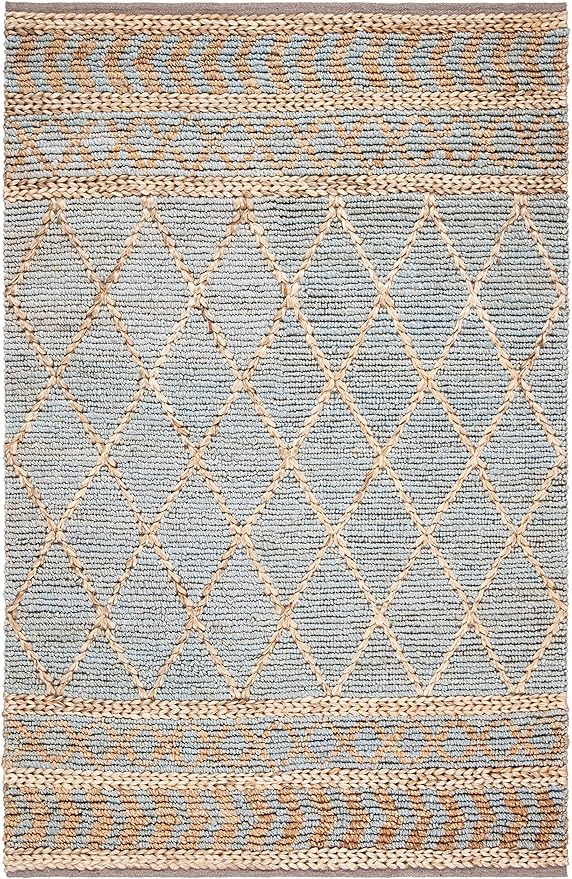 SAFAVIEH Natural Fiber Collection Accent Rug - 4' x 6', Natural & Blue, Handmade Boho Moroccan Trellis Jute, Ideal for High Traffic Areas in Entryway, Living Room, Bedroom (NF955N)