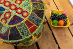 THE ART BOX Round Boho Cotton Patchwork Pouf Cover – Handmade Vintage Embroidered Ottoman Seat Cover, Colorful Decorative Floor Cushion for Home Accessories Décor (14x22 Inches, Cover Only)