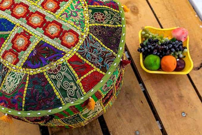THE ART BOX Round Boho Cotton Patchwork Pouf Cover – Handmade Vintage Embroidered Ottoman Seat Cover, Colorful Decorative Floor Cushion for Home Accessories Décor (14x22 Inches, Cover Only)
