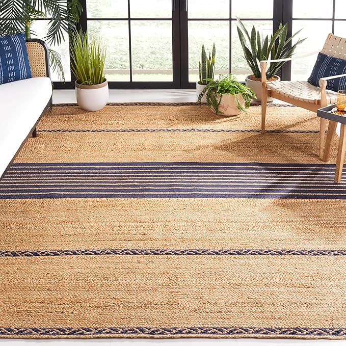 SAFAVIEH Area Rug 8x10 - Natural Fiber Collection - Large - Natural & Navy, Handmade Braided Jute, Stripe Pattern, Ideal for Living Room, Bedroom, Dining Space (NFB262N)