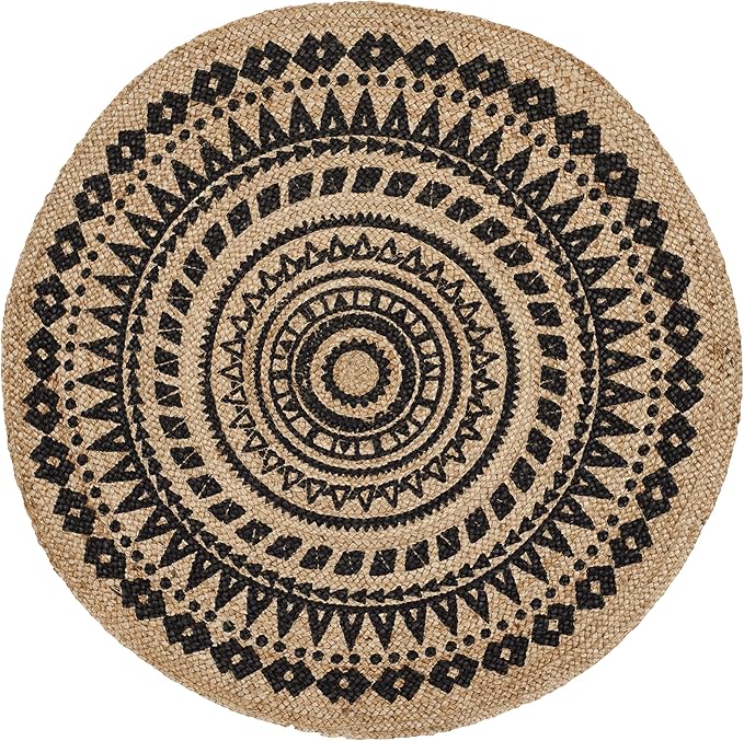 SAFAVIEH Natural Fiber Collection Area Rug - 3' Round, Black & Natural, Handmade Boho Mandala Braided Jute, Ideal for High Traffic Areas in Living Room, Bedroom (NF802K)
