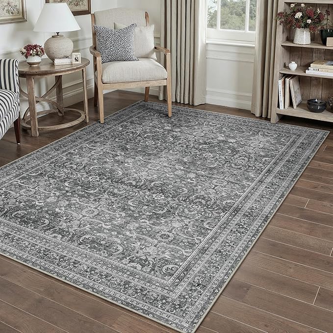 HUGEAR Area Rug 5x7 Vintage Grey Machine Washable Living Room Rugs Distressed Retro Floral Vacuumable Low Pile Carpet Bedroom Office Dining Room Laundry Room Non Slip Soft Lightweight