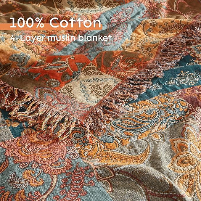 Boho Throw Blanket for Bed 90”x108”, 100% Cotton Woven Blanket for Couch Sofa, Ultra Soft 4-Layer Muslin Quilt with Patchwork Floral Printed, Farmhouse Bed Blanket/Cover for Living Room Decor