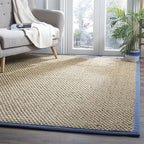 SAFAVIEH Area Rug 6x9 - Natural Fiber Collection - Natural & Navy, Seagrass, Basketweave Pattern with Border (NF114T)