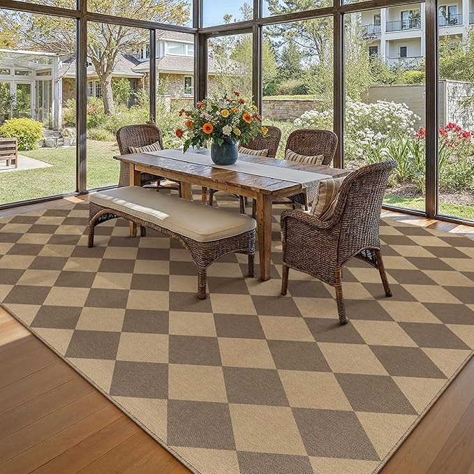 8x10 Checkered Easy Jute Area Rug for Living Room Large Checkerboard Washable Indoor Outdoor Carpet Farmhouse Patio Office Mat Geometric Non Slip Brown Carpet for Backyard Dining Room