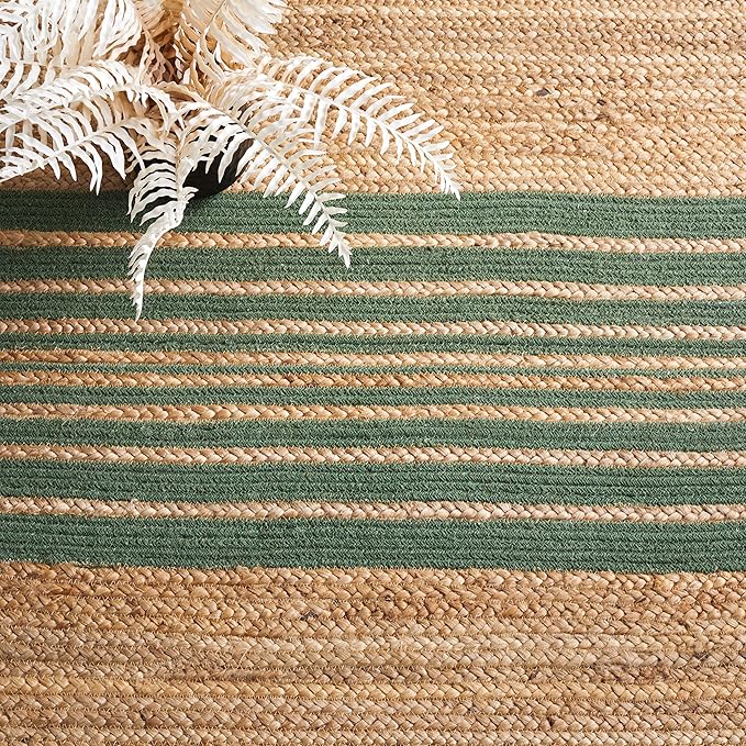 SAFAVIEH Natural Fiber Collection Area Rug - 6' x 9', Natural & Green, Handmade Stripe Boho Farmhouse Rustic Braided Jute, Ideal for High Traffic Areas in Living Room, Bedroom (NFB262Y)