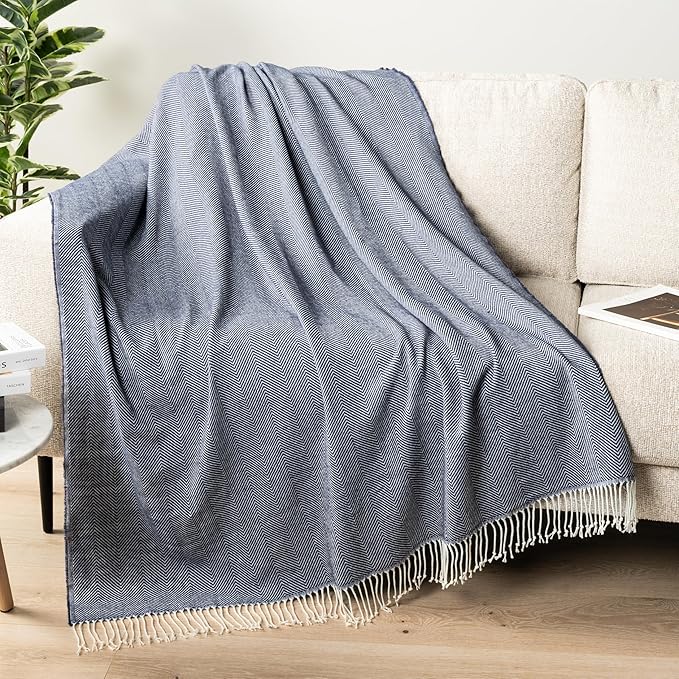 PAVILIA Herringbone Blanket Throw with Fringe,Faux Cashmere Knitted Throw with Tassels for Couch Bed,Decorative Farmhouse Soft Lightweight Plush Fuzzy Cozy,50x60,Herringbone - Navy Blue
