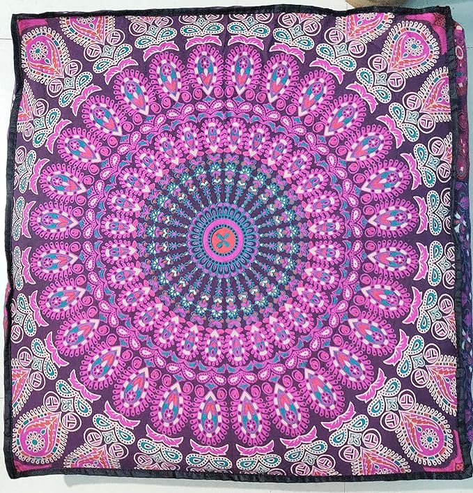 CRAFT KALA Mandala Floor Pillow Cushion Cover Seating Throw Cover Hippie Decorative Bohemian Ottoman Poufs Pom Pom Pillow Cases Boho Indian Cotton Living Room Yoga Home Décor 35" Square, Pink Peacock