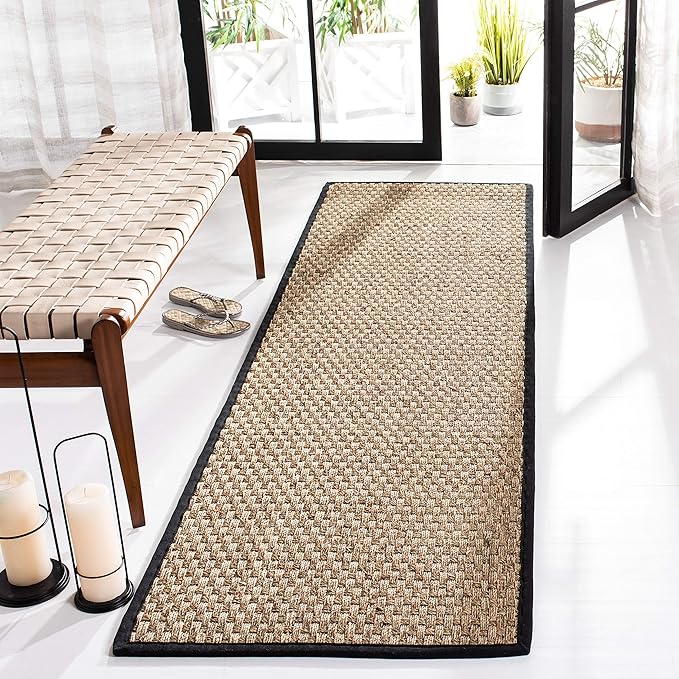 SAFAVIEH Natural Fiber Collection Runner Rug - 2'6" x 12', Natural & Black, Seagrass, Basketweave Pattern with Border (NF114C)