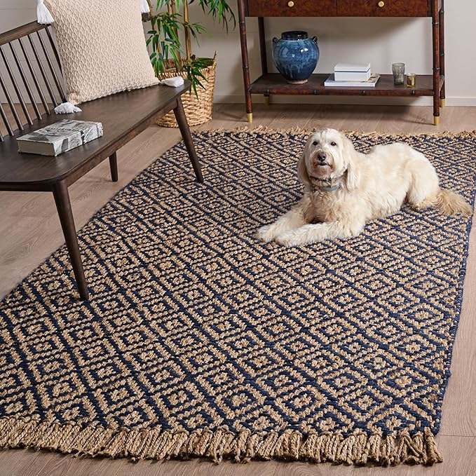 SAFAVIEH Natural Fiber Collection Area Rug - 5' x 8', Tropical Blue & Natural, Handmade Boho Diamond Tassel Jute, Ideal for High Traffic Areas in Living Room, Bedroom (NF266D)