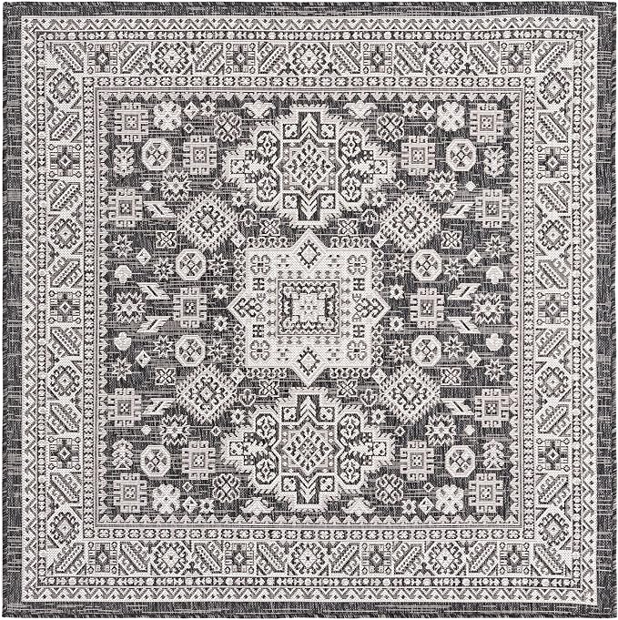 Rugs.com Outdoor Aztec Collection Rug – 5 Ft Square Charcoal Gray Flatweave Rug Perfect for Living Rooms, Kitchens, Entryways