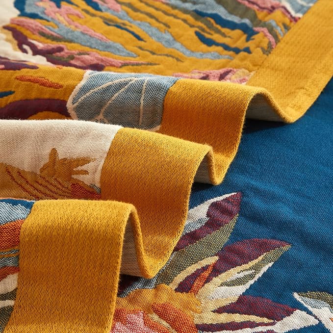 Boho Throw Blanket for Bed 90”x108”, 100% Cotton Woven Blanket for Couch Sofa, Ultra Soft 4-Layer Muslin Quilt with Vintage Floral Printed, Farmhouse Bed Blanket/Cover for Living Room Decor