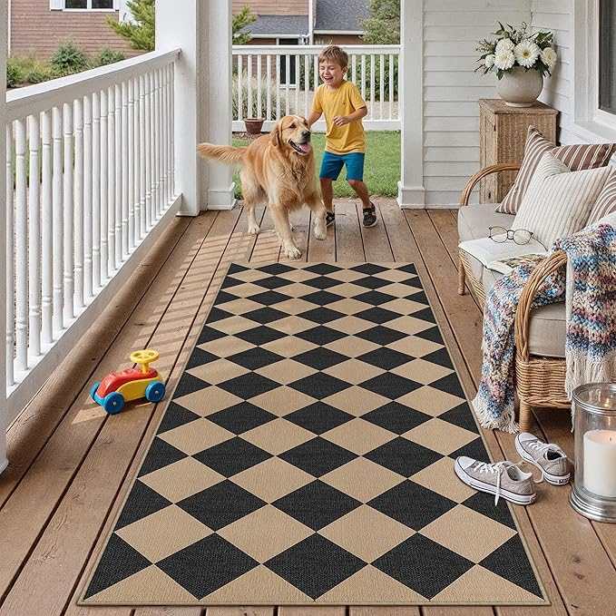 2x8 Checkered Easy Jute Runner Rug Non Slip Hallway Kitchen Washable Outdoor Rug for Entryway Indoor Checkerboard Black Indoor Outdoor Long Carpet for Bedside Entry Front Door Porch