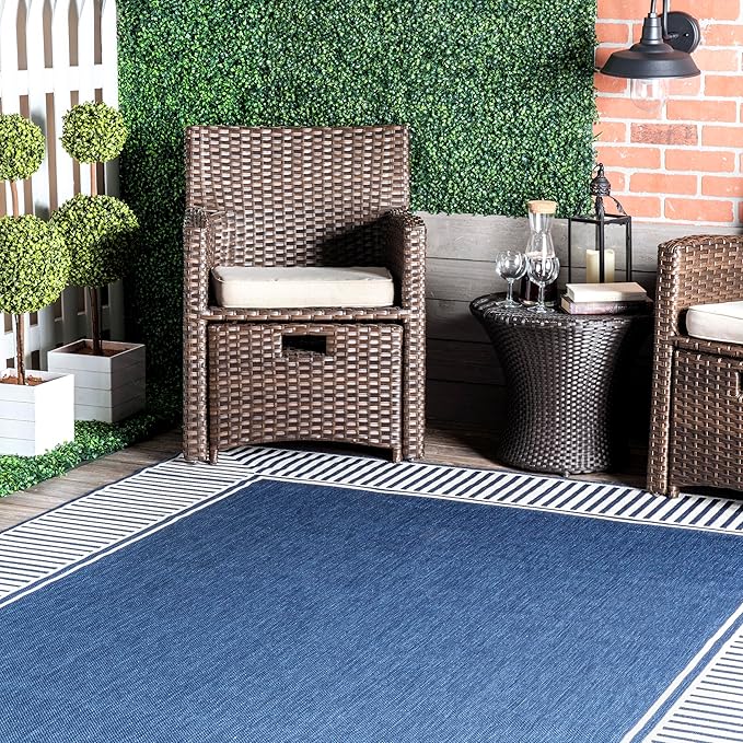 Nuloom Asha Navy/Ivory, 8' Round, Casual, Striped Border, Soft and Cozy, High Traffic, Stain Resistant, Easy Clean, Durable Area Rug for Indoor/Outdoor Patio, Deck, Porch, Garden, Courtyard