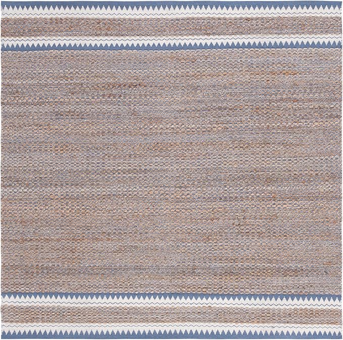 SAFAVIEH Natural Fiber Collection Area Rug - 6' Square, Natural & Blue, Handmade Farmhouse Boho Coastal Rustic Jute, Ideal for High Traffic Areas in Living Room, Bedroom (NF874M)