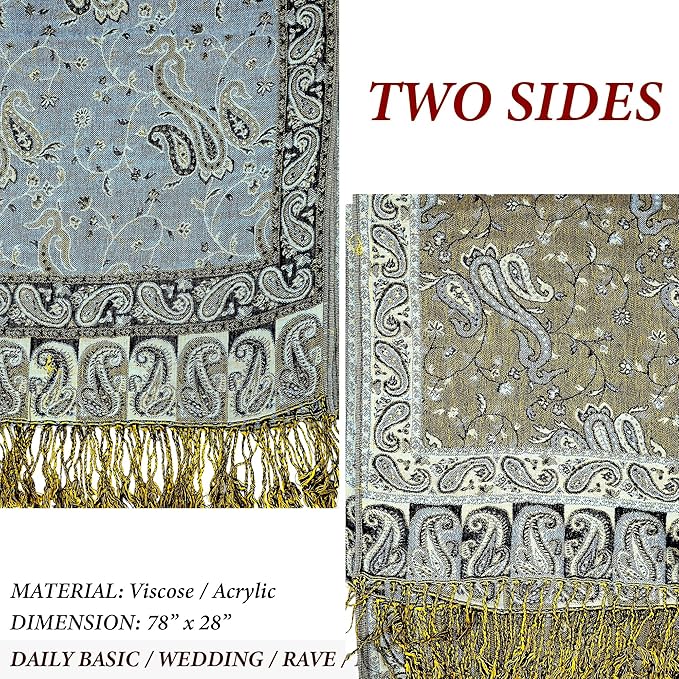 Achillea Reversible Paisley Pashmina Rave Scarf – Exotic Indian Shawls and Wraps for Evening Dresses, Festivals, All Seasons