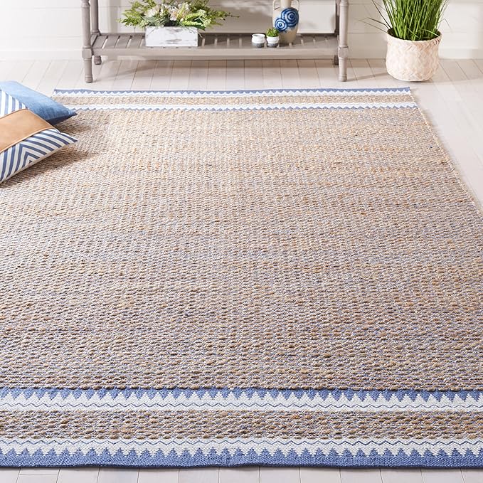 SAFAVIEH Natural Fiber Collection Area Rug - 5' x 8', Natural & Blue, Handmade Farmhouse Boho Coastal Rustic Jute, Ideal for High Traffic Areas in Living Room, Bedroom (NF874M)