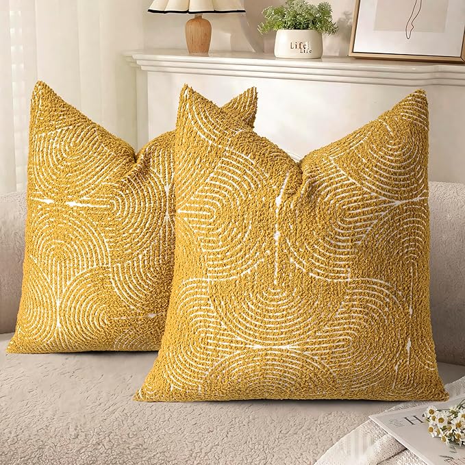 AELS Boho Decorative Textured Throw Pillow Covers 20x20, Organic Modern Mid Century Rainbow Tufted Pillow Case, Farmhouse Rustic Geometric Woven Cushion Case for Bed Couch Sofa, Mustard Yellow