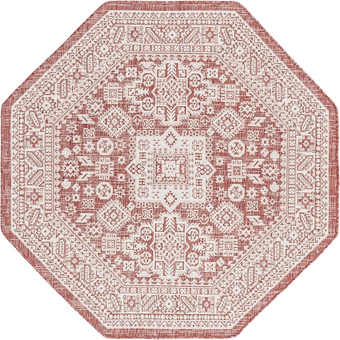 Rugs.com Outdoor Aztec Collection Rug – 5 Ft Octagon Rust Red Flatweave Rug Perfect for Living Rooms, Kitchens, Entryways