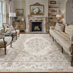 7x10 Area Rug Beige Washable Vintage Distressed Living Room Carpet Large Bedroom Indoor Medallion Floral Non Slip Retro Throw Floor Mat for Office Dining Room Kitchen Bathroom