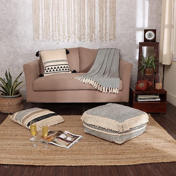 REDEARTH · UNSTUFFED Pouf Ottoman Cover Textured Storage Cube Boho Bean Bag Footrest Stool for Living Room, Bedroom,Nursery, Farmhouse, Kidsroom, Patio, Gym; 100% Cotton (20"X20"X8"; Black)