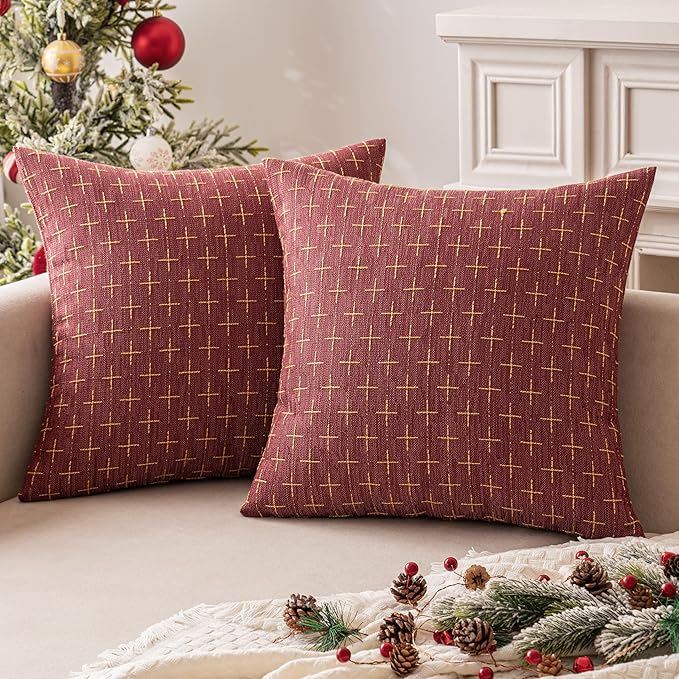 MIULEE Pack of 2 Christmas Decorative Burlap Linen Throw Pillow Covers Modern Farmhouse Pillowcase Rustic Woven Textured Cushion Cover for Sofa Couch Bed 24x24 Inch Wine Red